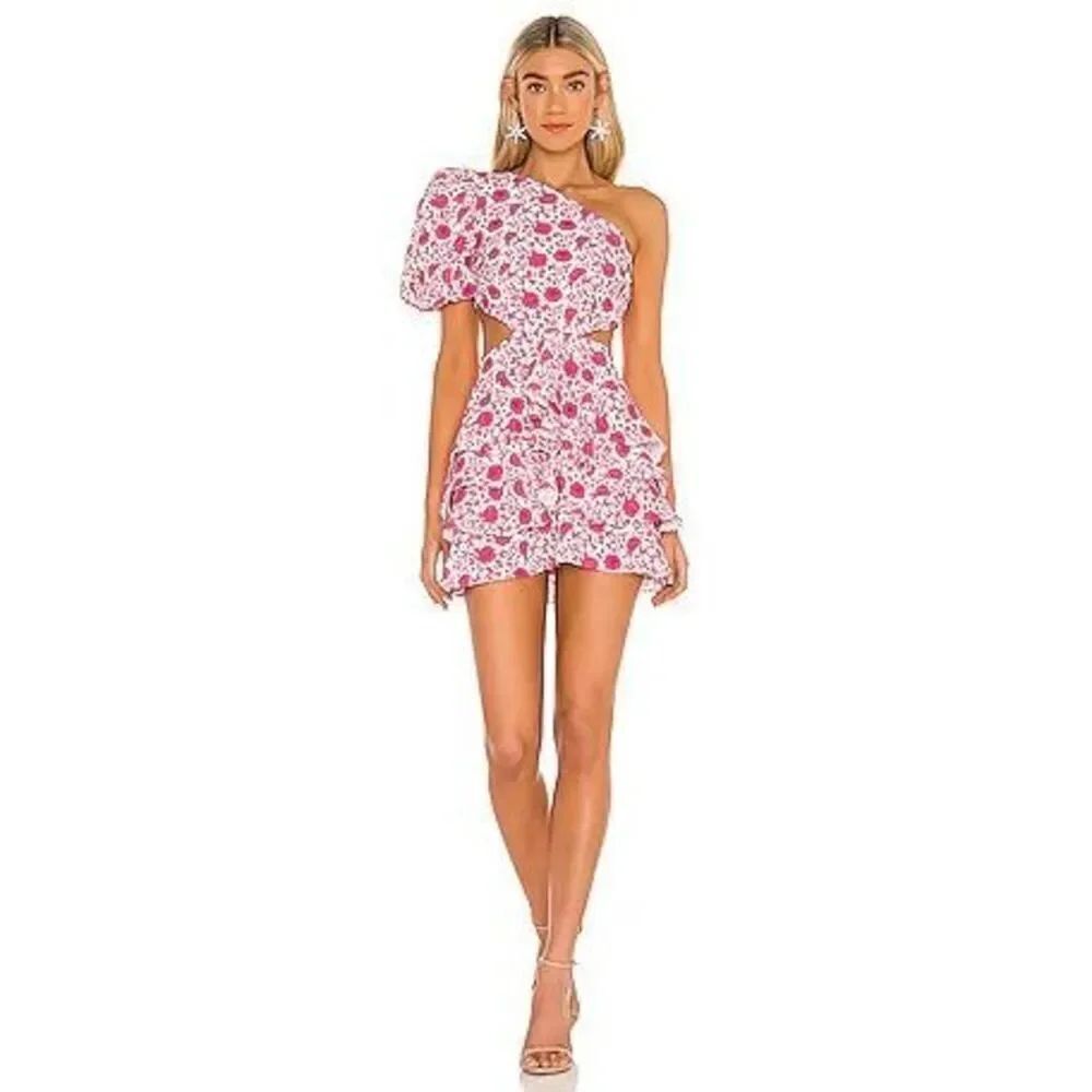 Mergim Revolve Dakota One Shoulder Dress in White & Pink Size 1 Size Small